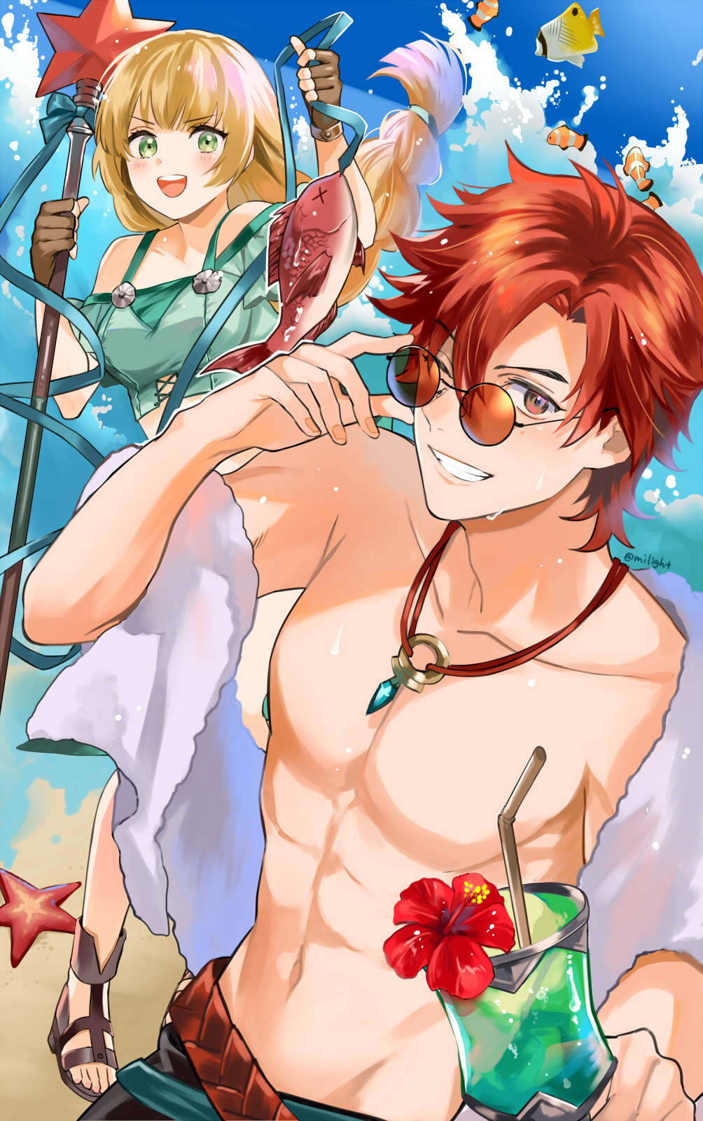 1boy 1girl blonde_hair blue_sky brown_gloves clouds cup day drinking_straw fingerless_gloves fire_emblem fire_emblem:_three_houses fire_emblem_heroes fish flower glass gloves green_eyes grin highres holding holding_cup ingrid_brandl_galatea jewelry long_hair necklace one_eye_closed open_mouth outdoors polearm red_eyes redhead shirtless short_hair sky smile starfish sunglasses swimsuit sylvain_jose_gautier twitter_username umou_(user_xxhp7583) weapon