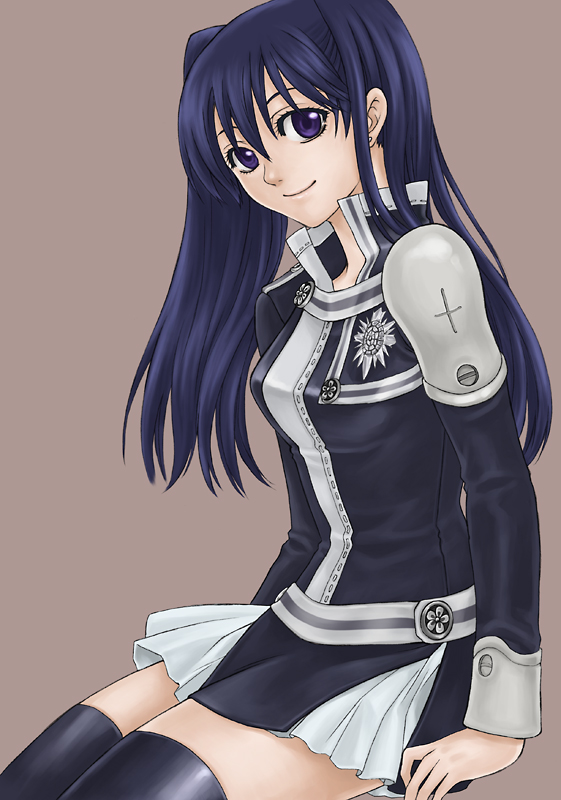 1girl bangs black_jacket black_legwear black_order_uniform blue_eyes blue_hair closed_mouth d.gray-man earrings female grey_background hair_between_eyes jacket jewelry lenalee_lee long_hair long_sleeves looking_at_viewer miniskirt pleated_skirt shiny shiny_hair simple_background sitting skirt smile solo syuniwald thigh-highs twintails uniform white_skirt zettai_ryouiki