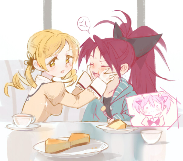 3girls :d anger_vein aqua_jacket black_bow blonde_hair blush bow breasts cake cheek_squash closed_eyes closed_mouth commentary_request cup drill_hair eyebrows_visible_through_hair food fork hair_bow hair_ornament holding holding_fork indoors inset jacket kaname_madoka long_hair long_sleeves mahou_shoujo_madoka_magica medium_breasts mitakihara_school_uniform multiple_girls o_o open_clothes open_jacket open_mouth pink_hair redhead sakura_kyouko saucer school_uniform she_li_(lynxm) sitting smile sparkle spoken_anger_vein sweatdrop teacup tomoe_mami track_jacket twin_drills twintails yellow_eyes