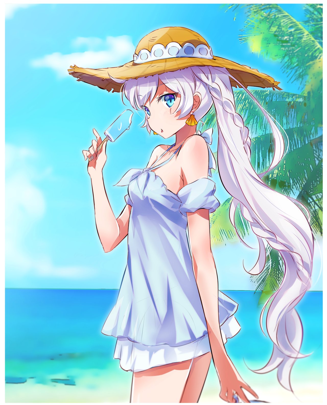 1girl beach blue_eyes dress earrings food hat highres iesupa jewelry long_hair ponytail popsicle rwby scar scar_across_eye seashell_earrings side_ponytail solo straw_hat sundress weiss_schnee white_hair