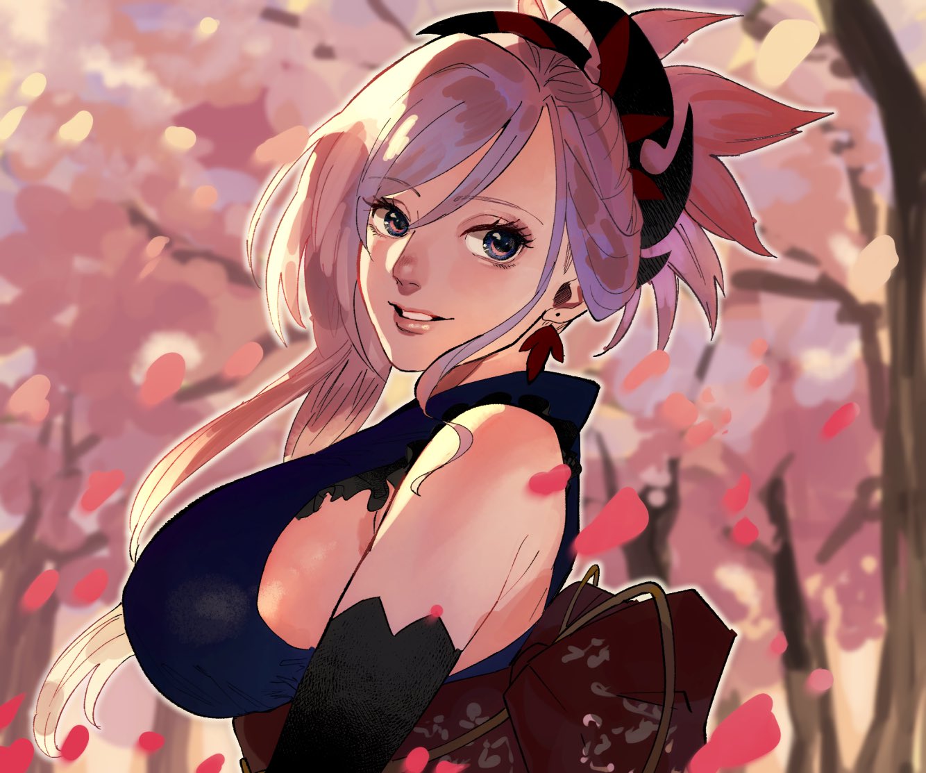 1girl asymmetrical_hair bangs bare_shoulders blue_eyes breasts cherry_blossoms detached_sleeves earrings falling_petals fate/grand_order fate_(series) hair_ornament japanese_clothes jewelry jojo_sono kimono large_breasts long_hair looking_to_the_side miyamoto_musashi_(fate/grand_order) obi pink_hair ponytail sash side_bun sideboob single_sidelock sleeveless sleeveless_kimono smile swept_bangs tree