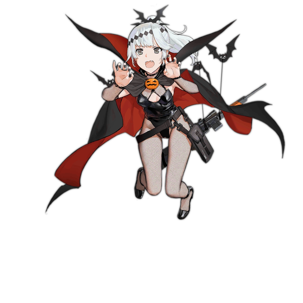 1girl alternate_costume asymmetrical_bangs bangs bat_hair_ornament black_footwear black_legwear black_nails breasts cancer_(zjcconan) cape detached_sleeves fangs full_body girls_frontline gun h&amp;k_psg1 hair_ornament halloween halloween_costume jack-o'-lantern long_hair looking_at_viewer medium_breasts official_art open_mouth pantyhose ponytail pouch psg-1_(girls_frontline) rifle scope sidelocks sniper_rifle solo strap transparent_background vampire vampire_costume weapon