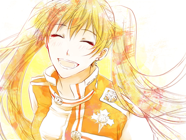 1girl :d asukawvm blonde_hair closed_eyes d.gray-man earrings facing_viewer floating_hair jacket jewelry lenalee_lee limited_palette long_hair open_mouth simple_background smile solo upper_body very_long_hair white_background