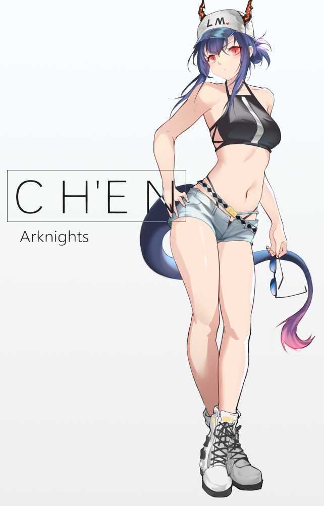 1girl arknights bangs bankongping bare_arms bare_legs bare_shoulders baseball_cap bikini black_bikini blue_hair breasts ch'en_(arknights) character_name chinese_commentary commentary_request copyright_name dragon_horns dragon_tail full_body grey_background grey_shorts halterneck hand_on_hip hat head_tilt highleg highleg_bikini holding holding_eyewear horns horns_through_headwear long_hair looking_at_viewer medium_breasts navel partial_commentary red_eyes shoes short_shorts shorts sidelocks simple_background sneakers solo standing stomach sunglasses swimsuit tail thighs white_footwear white_headwear