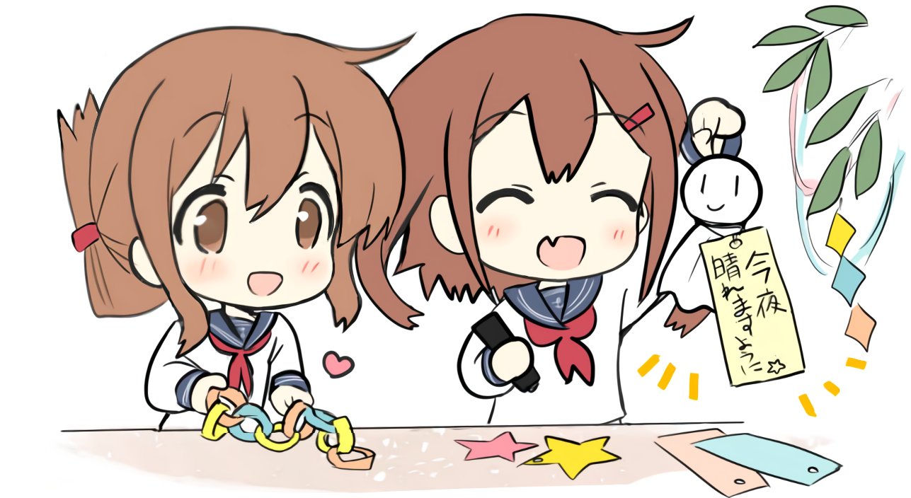 2girls blue_sailor_collar brown_eyes brown_hair chibi closed_eyes commentary_request fang folded_ponytail hair_ornament hairclip hizuki_yayoi ikazuchi_(kantai_collection) inazuma_(kantai_collection) kantai_collection long_hair multiple_girls neckerchief paper_chain red_neckwear sailor_collar school_uniform serafuku short_hair simple_background skin_fang star_(symbol) tanabata tanzaku teruterubouzu upper_body white_background