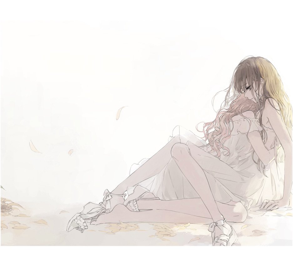 2girls brown_hair dress flower hug kakmxxxny06 long_hair multiple_girls original petals sandals sunflower white_dress white_footwear yuri