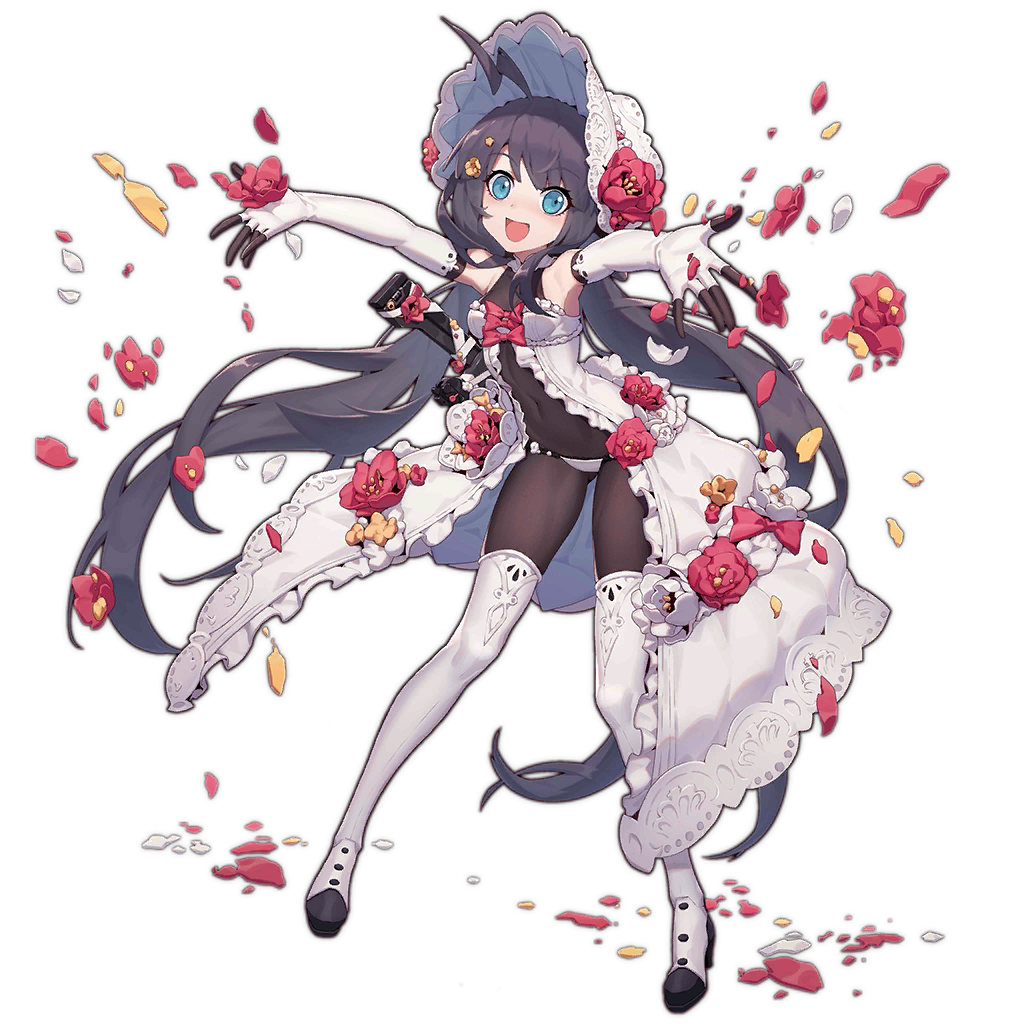 1girl :d ahoge alternate_costume bangs bare_shoulders black_bodysuit black_hair blue_eyes bodysuit bodysuit_under_clothes bonnet boots breasts chunrijun_(springer) clip_(weapon) covered_navel dress elbow_gloves eyebrows_visible_through_hair flower frilled_dress frills full_body girls_frontline gloves green_background gun hair_ornament long_hair low_twintails medium_breasts official_art open_mouth outstretched_arms panties petals red_flower ribbon smile solo stechkin_(girls_frontline) strapless strapless_dress thigh-highs thigh_boots transparent_background twintails underwear very_long_hair weapon wedding_dress white_dress white_footwear white_gloves white_headwear white_legwear white_panties white_ribbon