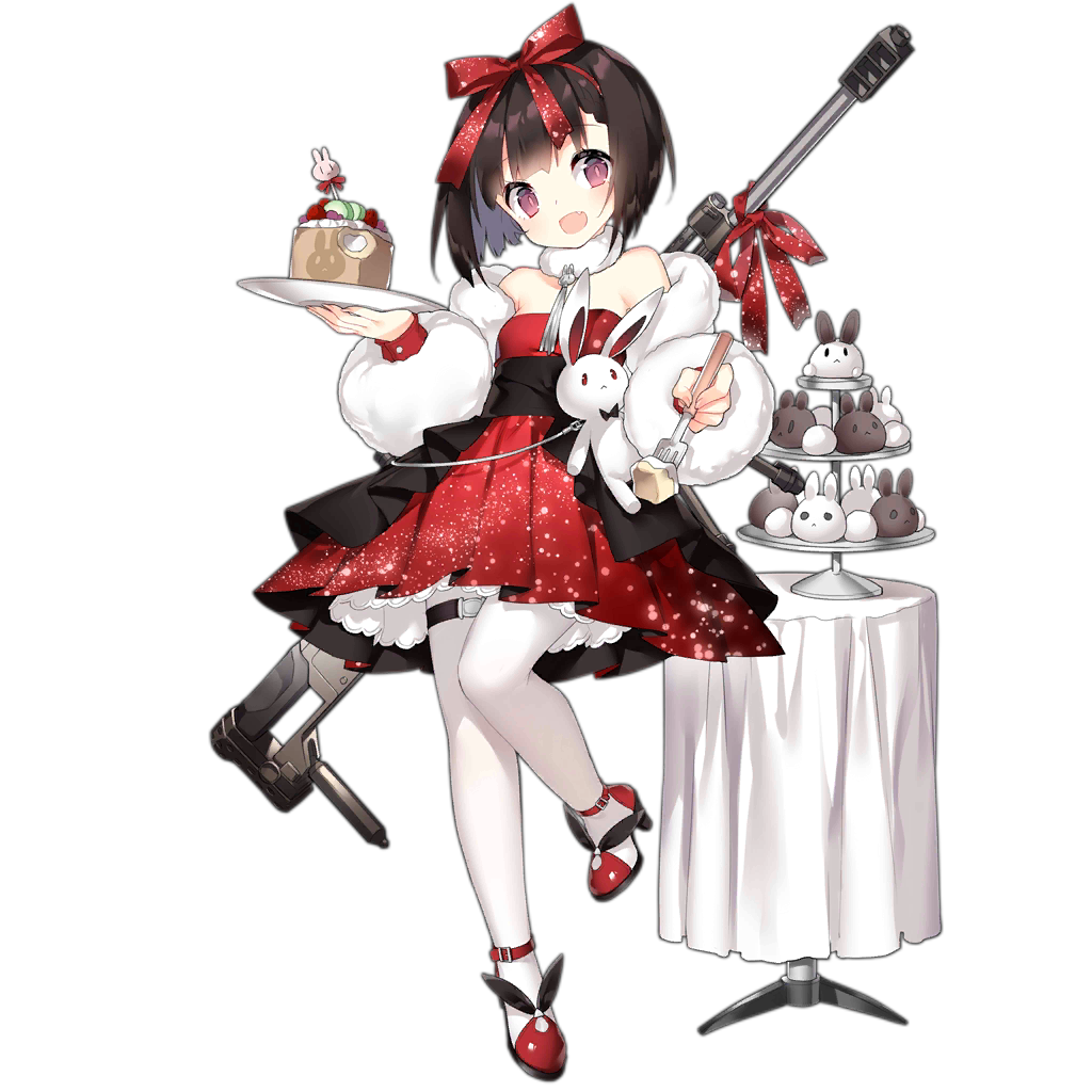 1girl :d alternate_costume bangs black_hair blush bow cake dress eyebrows_visible_through_hair fang food fork full_body fur_jacket girls_frontline glitter gun hair_bow hair_ribbon head_tilt high_heels holding holding_fork holding_plate looking_at_viewer m99_(girls_frontline) object_namesake official_art open_mouth pantyhose plate rabbit red_bow red_dress red_footwear red_ribbon ribbon rifle saru short_hair shrug_(clothing) sidelocks smile sniper_rifle solo standing table thigh_strap transparent_background violet_eyes weapon weapon_on_back white_legwear zijiang_m99