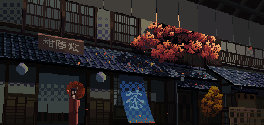 1girl animated animated_gif autumn_leaves banner black_hair dithering drainpipe falling_leaves fence hime_cut house japanese_clothes japanese_house kimono lantern leaf maple_leaf noren oriental_umbrella original outdoors pixel_art red_kimono rooftop scenery setamo_map solo tree umbrella wooden_door wooden_fence