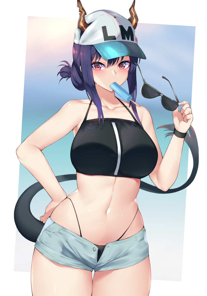 1girl arknights bangs bare_shoulders baseball_cap bikini bikini_under_clothes black_bikini blue_hair blush breasts ch'en_(arknights) clothes_writing collarbone commentary cowboy_shot dragon_horns dragon_tail eyebrows_visible_through_hair eyebrows_visible_through_hat eyelashes eyewear_removed food glint hair_between_eyes hand_on_hip hand_up hat highleg highleg_bikini holding horns horns_through_headwear kuavera large_breasts long_hair looking_at_viewer mouth_hold navel open_fly popsicle red_eyes short_shorts shorts solo standing stomach sunglasses swimsuit tail thick_thighs thigh_gap thighs tied_hair unbuttoned unbuttoned_shorts wide_hips wristband