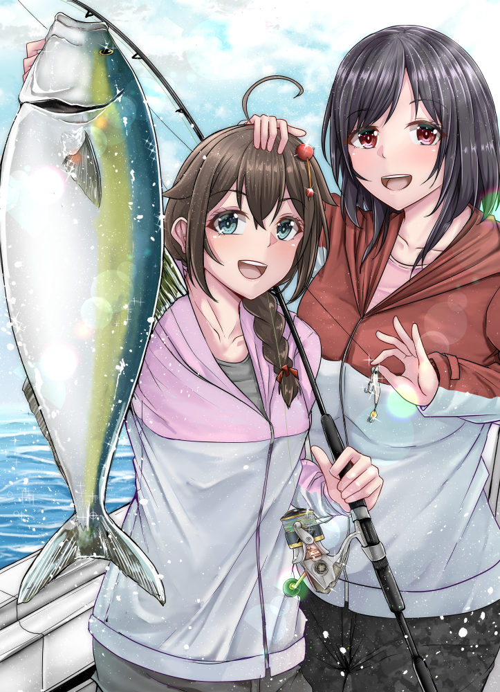 2girls ahoge alternate_costume black_hair black_pants blue_eyes blue_sky braid clouds commentary_request day fish fishing_line fishing_lure fishing_rod grey_pants hair_flaps hair_ornament hair_over_shoulder hands_on_another's_head hood hooded_jacket hoodie jacket kantai_collection long_hair multiple_girls outdoors pants red_eyes remodel_(kantai_collection) shigure_(kantai_collection) shohei_(piranha5hk) short_hair single_braid sky two-tone_jacket water yamashiro_(kantai_collection)