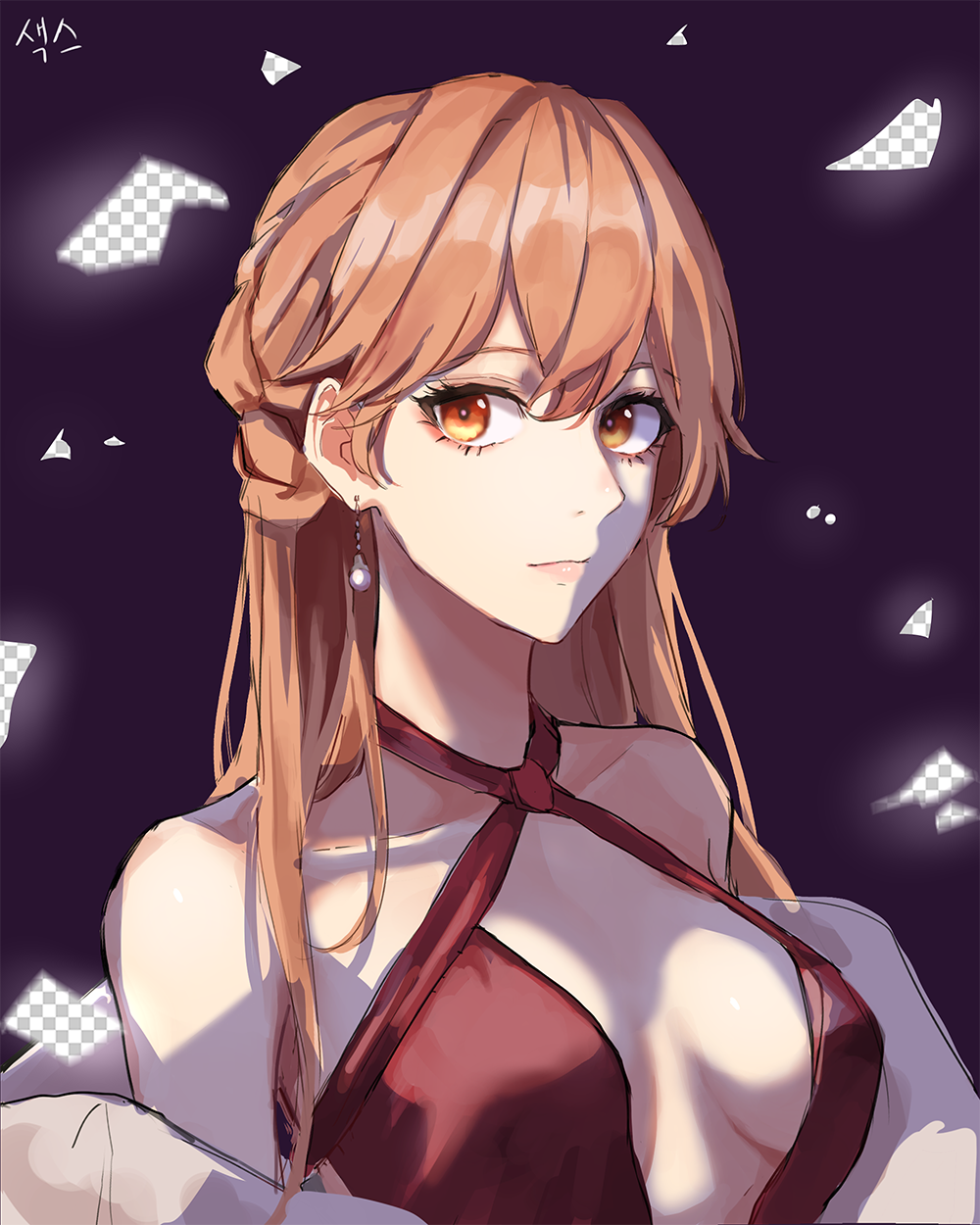 1girl bare_shoulders blonde_hair braid braided_bangs breasts collarbone dress earrings eyebrows_visible_through_hair girls_frontline highres jewelry long_hair looking_at_viewer medium_breasts mmm_(ji1945) orange_eyes ots-14_(girls_frontline) red_dress simple_background solo