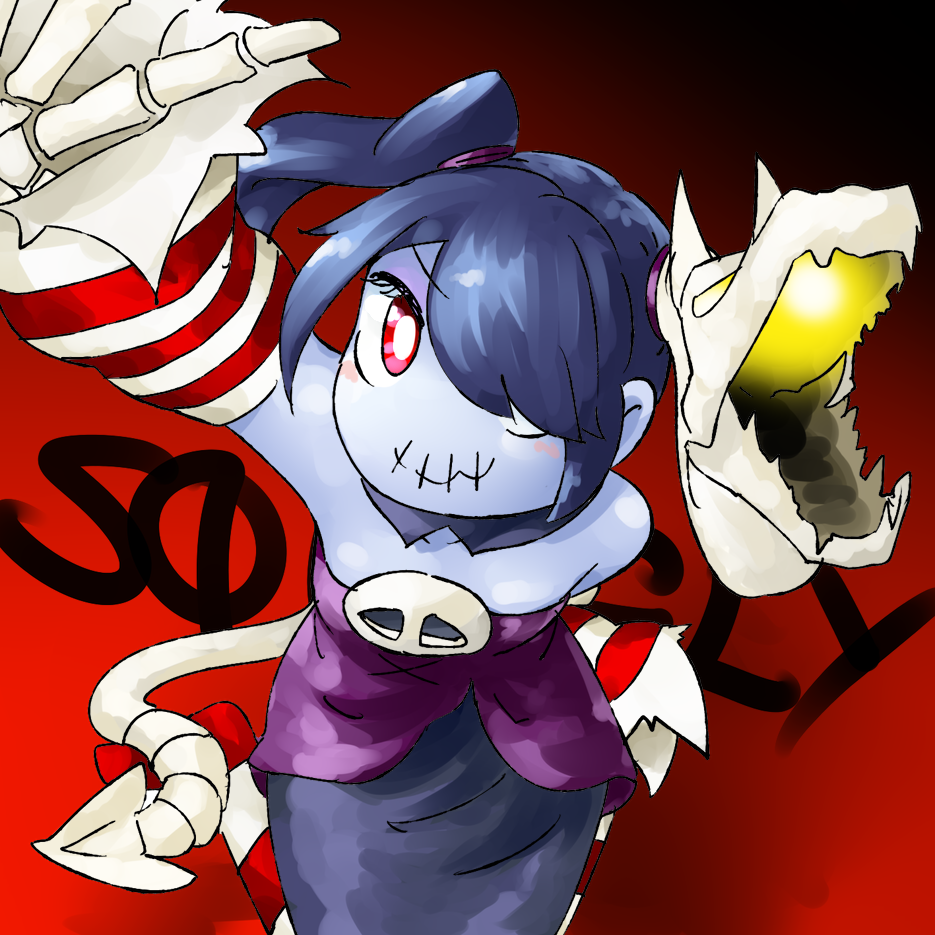 1girl arm_up blue_hair blue_skin blue_skirt character_name detached_sleeves dress eyebrows_visible_through_hair from_above hair_over_one_eye looking_at_viewer off-shoulder_dress off_shoulder purple_dress red_eyes side_ponytail skeletal_hand skirt skull skullgirls solo squigly_(skullgirls) stitched_mouth stitches striped_footwear striped_sleeves yaise zombie