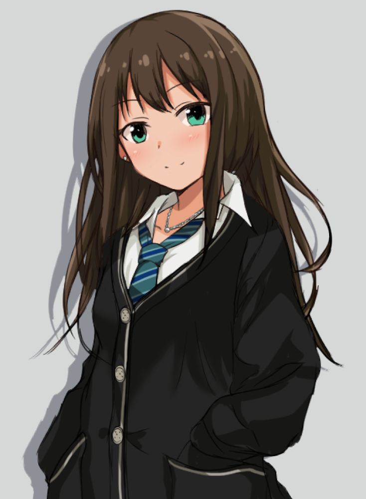 1girl aqua_eyes aqua_neckwear black_shirt blush brown_hair earrings hands_in_pockets idolmaster idolmaster_cinderella_girls jewelry long_hair long_sleeves looking_at_viewer narunaru1320 necklace necktie school_uniform shibuya_rin shirt smile solo