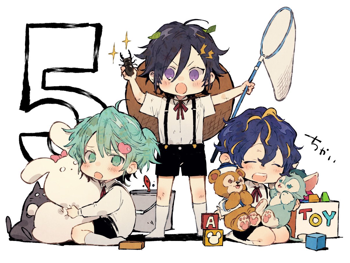 3boys :o ^_^ ^o^ astel_leda beetle black_hair blonde_hair blue_hair blush bug chibi closed_eyes facing_viewer full_body green_eyes green_hair hair_between_eyes holding holostars hug insect kagami_kira kanade_izuru looking_at_viewer male_focus multicolored_hair multiple_boys nozaki_tsubata open_mouth otoko_no_ko short_hair simple_background smile streaked_hair stuffed_animal stuffed_toy symbol_commentary toy two_side_up v-shaped_eyebrows violet_eyes virtual_youtuber white_background younger