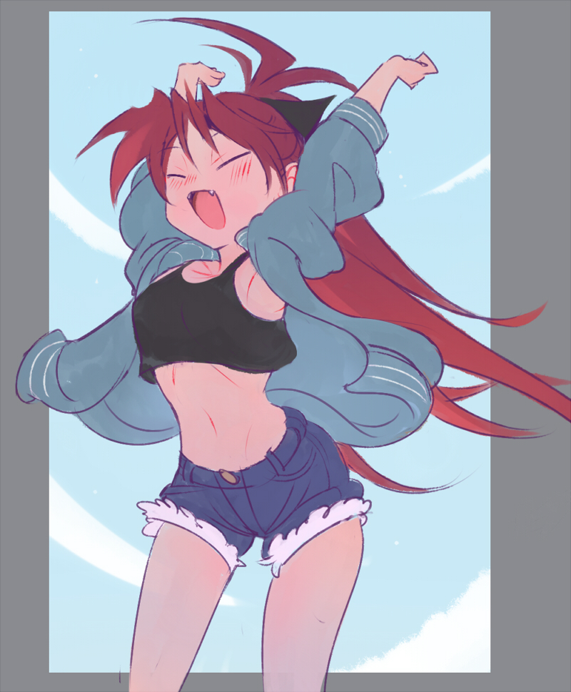 1girl :d aqua_jacket arms_up border breasts closed_eyes commentary_request cowboy_shot crop_top denim denim_shorts fangs grey_border hair_ribbon jacket long_hair long_sleeves mahou_shoujo_madoka_magica midriff navel open_clothes open_jacket open_mouth outside_border ponytail redhead ribbon sakura_kyouko she_li_(lynxm) short_shorts shorts small_breasts smile solo stretch very_long_hair yawning