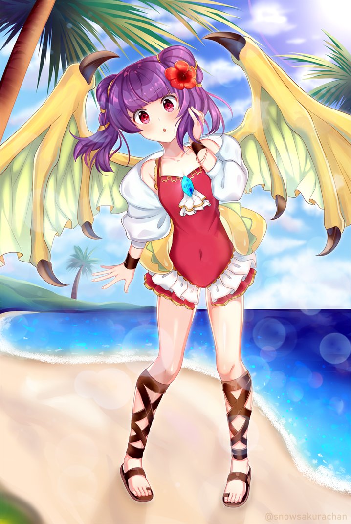 1girl beach blue_sky commission day dragon_wings fire_emblem fire_emblem:_the_sacred_stones flower full_body hair_flower hair_ornament multi-tied_hair myrrh_(fire_emblem) one-piece_swimsuit open_mouth outdoors purple_hair red_eyes sky snowsakurachan solo swimsuit twintails twitter_username water wings