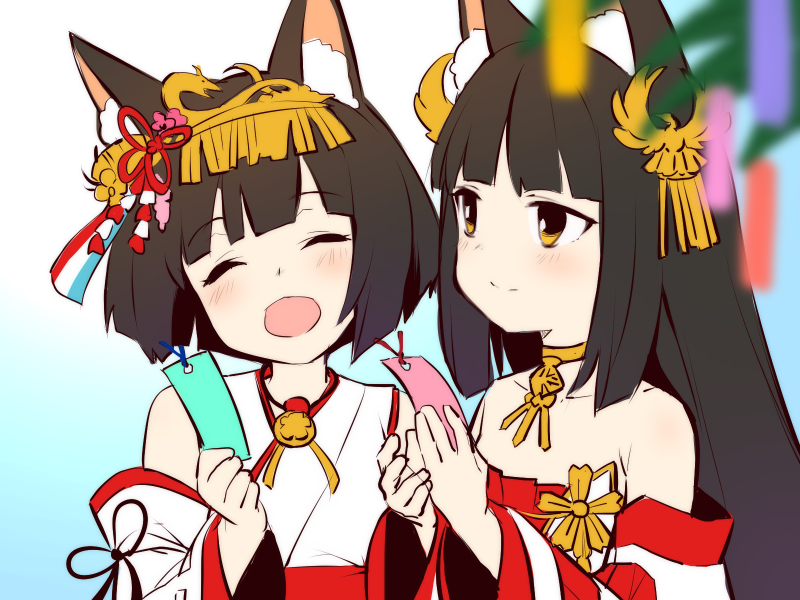 2girls animal_ear_fluff animal_ears azur_lane bangs bare_shoulders black_hair closed_eyes closed_mouth detached_sleeves eyebrows_visible_through_hair fox_ears hair_ornament japanese_clothes jewelry long_hair long_sleeves multiple_girls mutsu_(azur_lane) nagato_(azur_lane) neck_ring open_mouth short_hair smile tanabata tanzaku wide_sleeves yellow_eyes youhei_64d