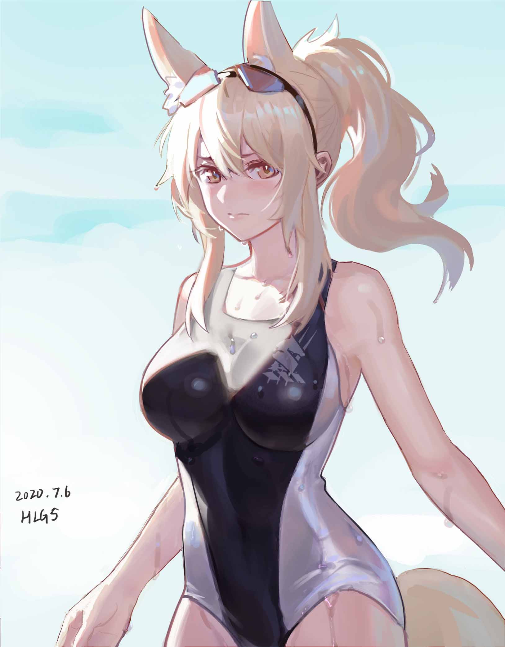 1girl animal_ears arknights artist_name bangs bare_arms bare_shoulders black_swimsuit blonde_hair breasts brown_eyes chinese_commentary commentary_request dated eyewear_on_head hair_between_eyes highres hlgs large_breasts long_hair looking_at_viewer multicolored multicolored_clothes multicolored_swimsuit nearl_(arknights) one-piece_swimsuit partial_commentary ponytail signature solo sunglasses swimsuit upper_body white_swimsuit