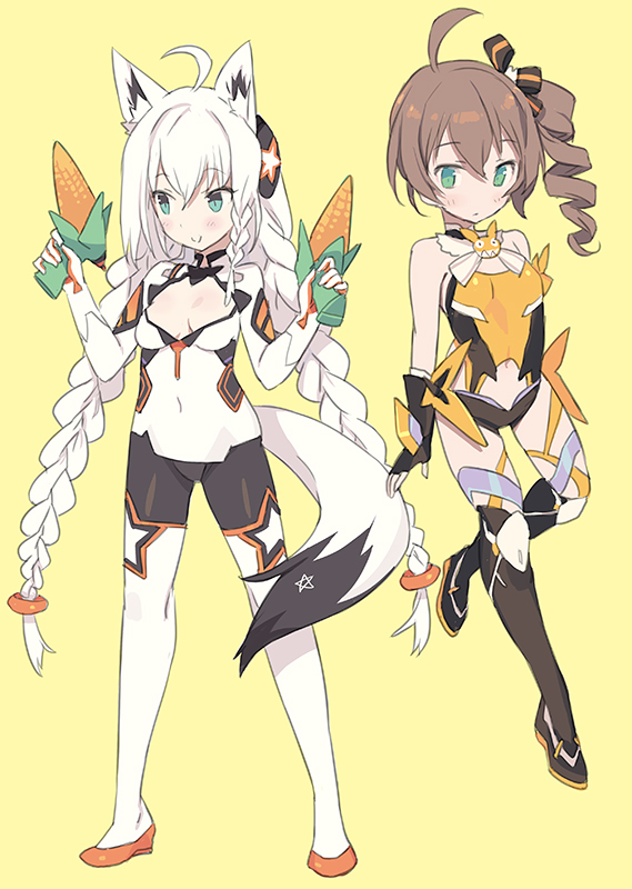 2girls ahoge animal_ear_fluff animal_ears bangs bare_shoulders bike_shorts black_footwear black_gloves black_legwear black_shorts blade_(galaxist) blue_eyes blush boots braid breasts brown_hair closed_mouth commentary_request corn cosplay covered_navel dress drill_hair dual_wielding eyebrows_visible_through_hair fingerless_gloves fox_ears fox_girl fox_tail gloves green_eyes hair_between_eyes hands_up holding hololive honkai_(series) honkai_impact_3rd leotard long_hair long_sleeves low_twintails multiple_girls natsuiro_matsuri navel orange_leotard shirakami_fubuki short_dress shorts side_drill side_ponytail simple_background small_breasts star_(symbol) tail thigh-highs thigh_boots twin_braids twintails very_long_hair virtual_youtuber white_dress white_footwear white_gloves white_legwear yellow_background