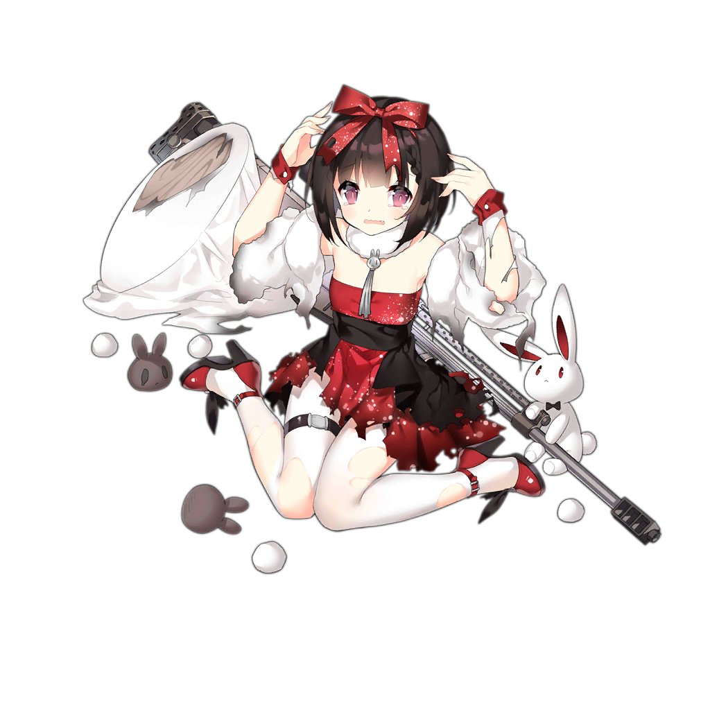 1girl arms_up bangs bare_shoulders blush bow brown_hair damaged detached_sleeves dress full_body girls_frontline gun hair_bow hair_ornament high_heels long_sleeves looking_at_viewer m99_(girls_frontline) official_art open_mouth pantyhose rabbit red_bow red_footwear rifle saru shoes short_hair sitting sniper_rifle solo tears thigh_strap torn_clothes torn_dress torn_legwear torn_sleeves transparent_background violet_eyes weapon white_legwear zijiang_m99