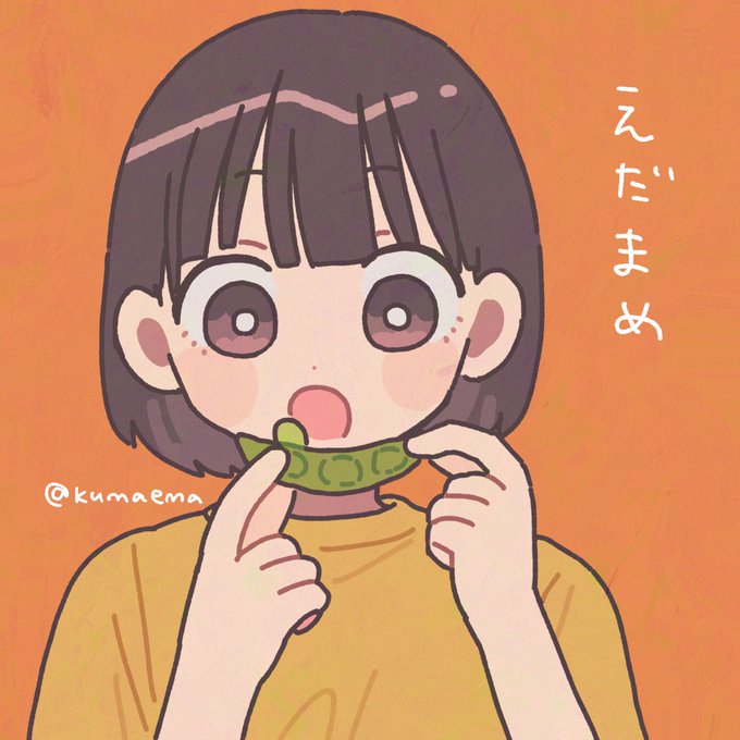 1girl bangs blush bright_pupils brown_eyes brown_hair eyebrows_visible_through_hair food hands_up holding holding_food nokanok open_mouth orange_background original shirt short_hair simple_background solo white_pupils yellow_shirt