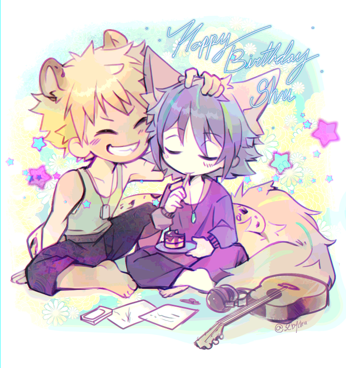 acoustic_guitar animal_ears bangs barefoot blonde_hair cake chibi dog_tags food guitar hand_on_another's_head happy_birthday headphones headphones_removed highlights instrument jewelry leopard multicolored_hair pendant rom_(show_by_rock!!) sebychu show_by_rock!! shu_zo_(show_by_rock!!) swept_bangs tail