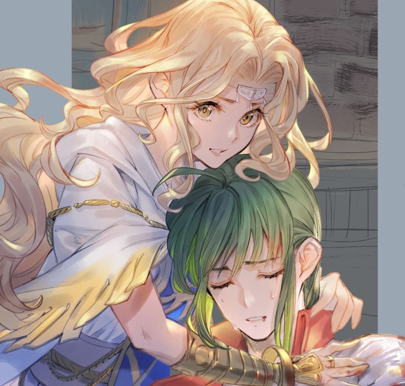 1boy 1girl bangs blonde_hair blood bomssp bracelet brown_eyes cape circlet closed_eyes edain_(fire_emblem) fire_emblem fire_emblem:_genealogy_of_the_holy_war green_hair jewelry long_hair midir_(fire_emblem) ring wavy_hair