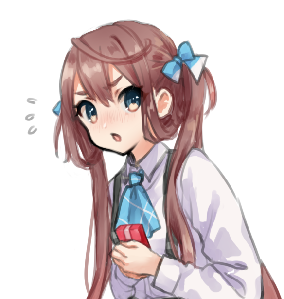 1girl asagumo_(kantai_collection) ascot blue_bow blue_eyes blue_neckwear blush bow box brown_hair collared_shirt flying_sweatdrops gift gift_box hair_bow holding holding_gift kantai_collection long_hair looking_at_viewer nose_blush nuno_(pppompon) parted_lips shirt simple_background solo suspenders twintails upper_body very_long_hair white_background white_shirt