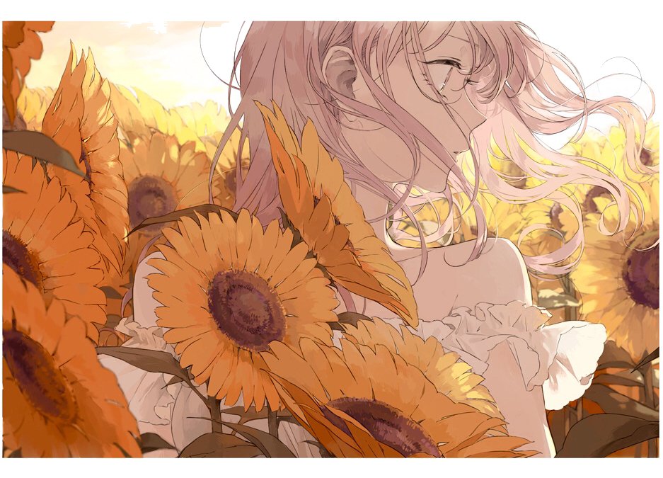 1girl close-up dress flower kakmxxxny06 long_hair original pink_hair solo sunflower white_dress wind