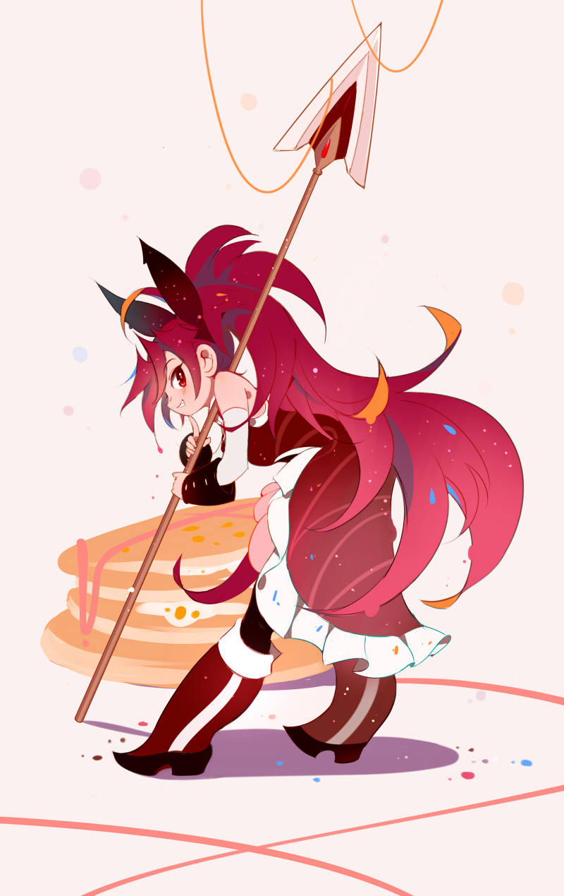 1girl bare_shoulders commentary detached_sleeves dress food from_side full_body grin hair_ribbon highres holding holding_spear holding_weapon leaning_forward long_hair looking_at_viewer looking_back magical_girl mahou_shoujo_madoka_magica oversized_object pancake polearm ponytail red_dress red_eyes redhead ribbon sakura_kyouko she_li_(lynxm) smile solo spear standing very_long_hair weapon