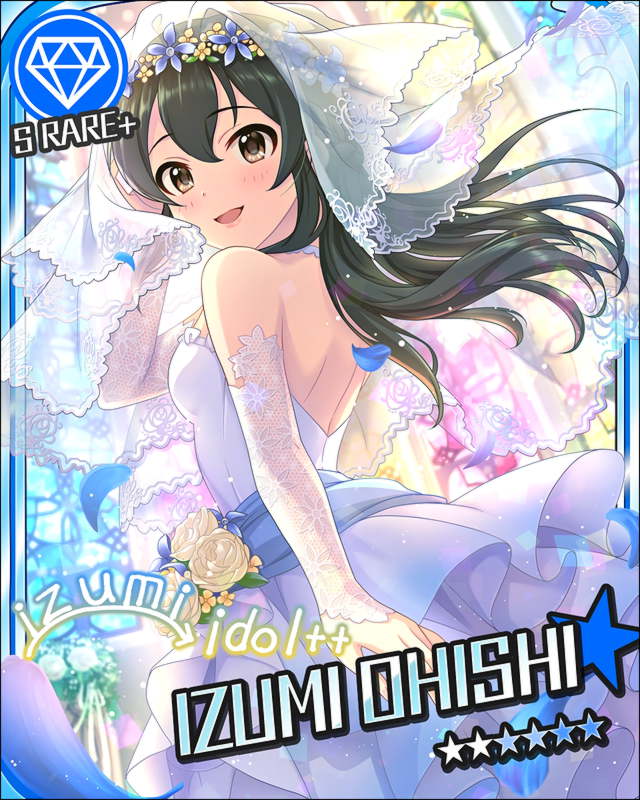 bare_back black_hair blush character_name dress idolmaster idolmaster_cinderella_girls long_hair ooishi_izumi red_eyes smile stars veil wedding