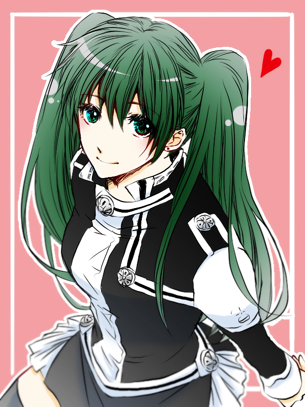 1girl asukawvm bangs black_legwear black_order_uniform closed_mouth d.gray-man earrings eyebrows_visible_through_hair green_eyes green_hair hair_between_eyes heart jacket jewelry lenalee_lee long_hair long_sleeves looking_at_viewer miniskirt pink_background pleated_skirt shiny shiny_hair sketch skirt smile solo thigh-highs twintails uniform very_long_hair white_skirt zettai_ryouiki