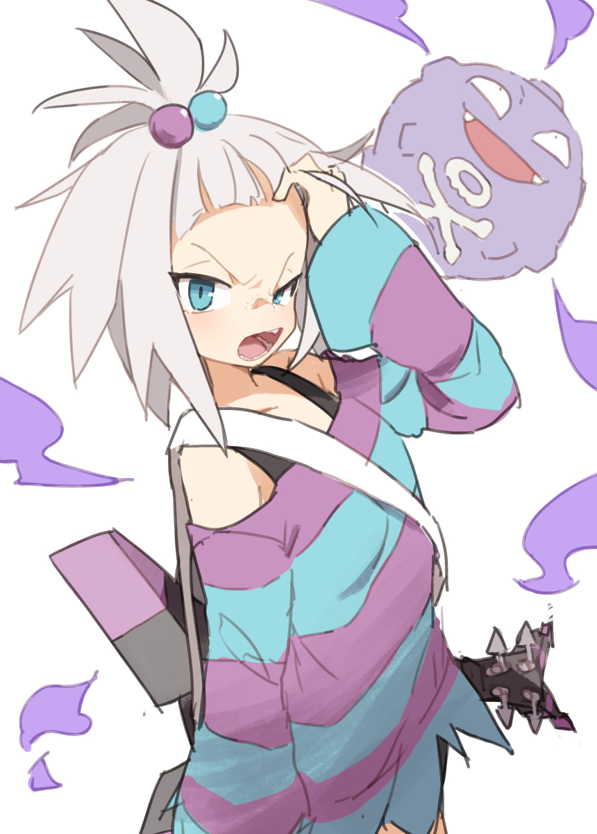 angry bare_shoulders bass_guitar blue_eyes bra_strap dress fangs forehead freckles gazacy_(dai) gen_1_pokemon gym_leader hair_bobbles hair_ornament highres homika_(pokemon) instrument koffing pokemon pokemon_(game) pokemon_bw2 smoke striped striped_dress topknot white_hair