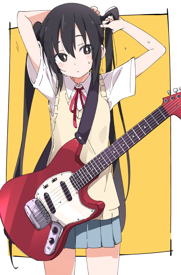 1girl adjusting_hair arms_up black_hair blush brown_eyes cardigan closed_mouth electric_guitar grey_skirt guitar hair_between_eyes instrument ixy k-on! long_hair nakano_azusa pleated_skirt red_neckwear red_ribbon ribbon school_uniform shirt short_sleeves skirt solo thighs twintails white_shirt yellow_cardigan