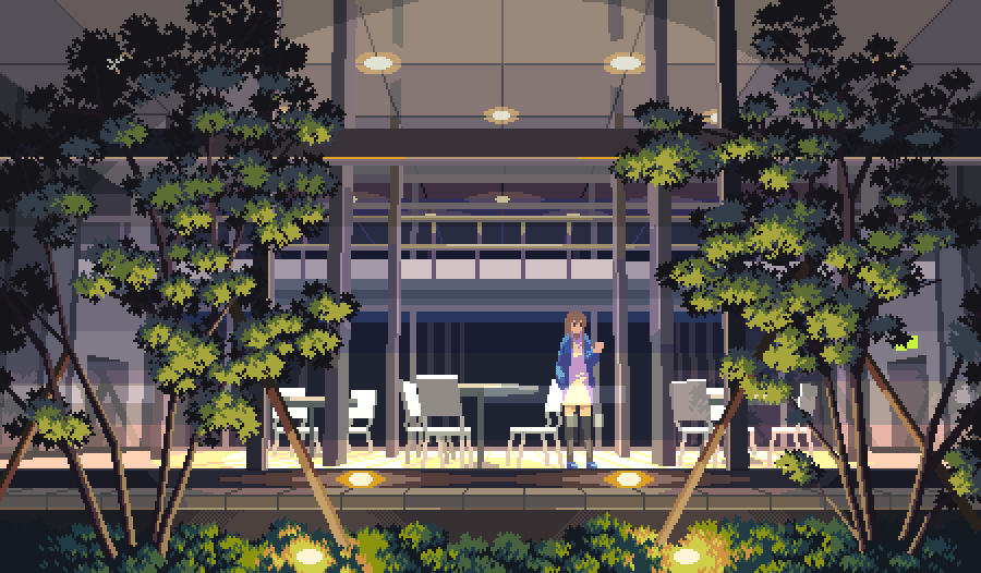 1girl animated animated_gif blue_jacket branch brown_hair car chair dress grass ground_vehicle jacket lights long_sleeves motor_vehicle night original pixel_art plant setamo_map solo standing table thigh-highs tree tree_branch white_dress