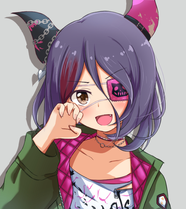 1girl brown_eyes eyepatch facing_viewer fang green_jacket hand_up hayasaka_mirei horns idolmaster idolmaster_cinderella_girls jacket long_sleeves looking_at_viewer narunaru1320 open_mouth purple_hair smile solo