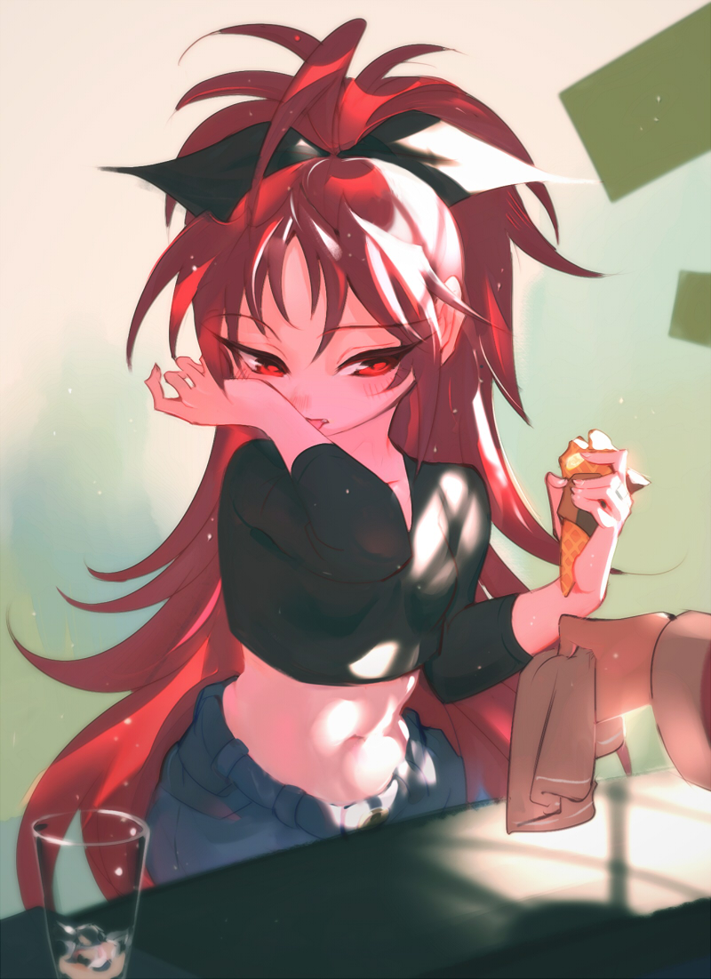 1girl blue_shorts bow commentary_request crop_top cup drinking_glass eyebrows_visible_through_hair food hair_bow holding holding_food ice_cream_cone licking light_particles long_hair mahou_shoujo_madoka_magica midriff navel red_eyes redhead sakura_kyouko she_li_(lynxm) short_shorts shorts solo_focus very_long_hair