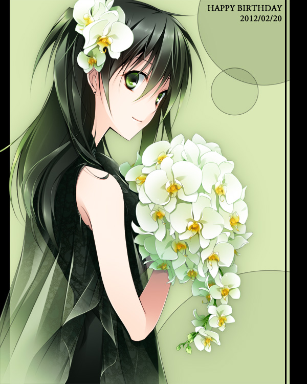 1girl 2012 bangs black_dress bouquet closed_mouth d.gray-man dated dress drugstore04 earrings flower from_side green_eyes green_hair hair_between_eyes hair_flower hair_ornament happy_birthday holding holding_bouquet jewelry lenalee_lee long_hair looking_at_viewer see-through shiny shiny_hair sleeveless sleeveless_dress smile solo standing white_flower