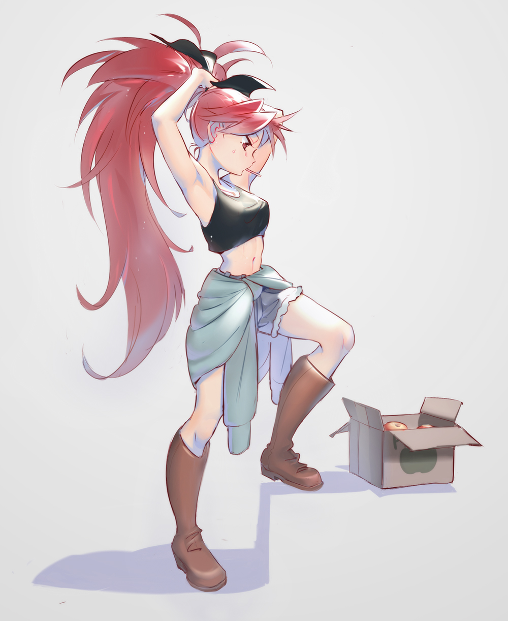 1girl apple aqua_jacket armpits arms_up bare_arms boots bow box breasts brown_footwear cardboard_box clothes_around_waist commentary_request crop_top food fruit full_body grey_background hair_bow highres jacket jacket_around_waist knee_boots long_hair mahou_shoujo_madoka_magica midriff mouth_hold navel ponytail red_eyes redhead sakura_kyouko she_li_(lynxm) short_shorts shorts small_breasts solo standing sweat tying_hair very_long_hair