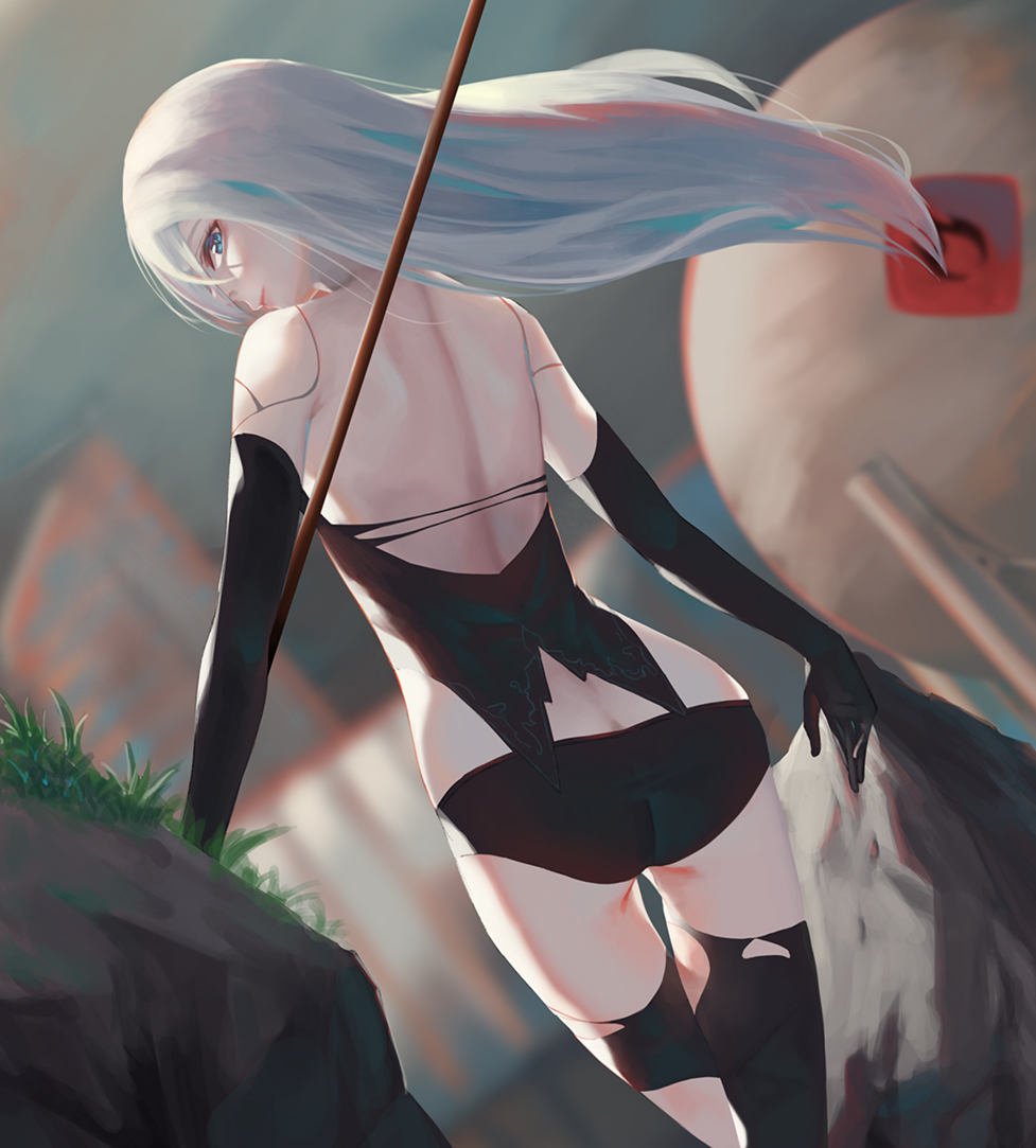 1girl bangs black_gloves black_legwear black_panties blue_eyes blurry blurry_background closed_mouth dutch_angle elbow_gloves floating_hair from_behind gloves hair_between_eyes holding long_hair looking_at_viewer nekobell nier_(series) nier_automata outdoors panties profile shoulder_blades silver_hair solo standing thigh-highs torn_clothes torn_legwear underwear very_long_hair yorha_type_a_no._2