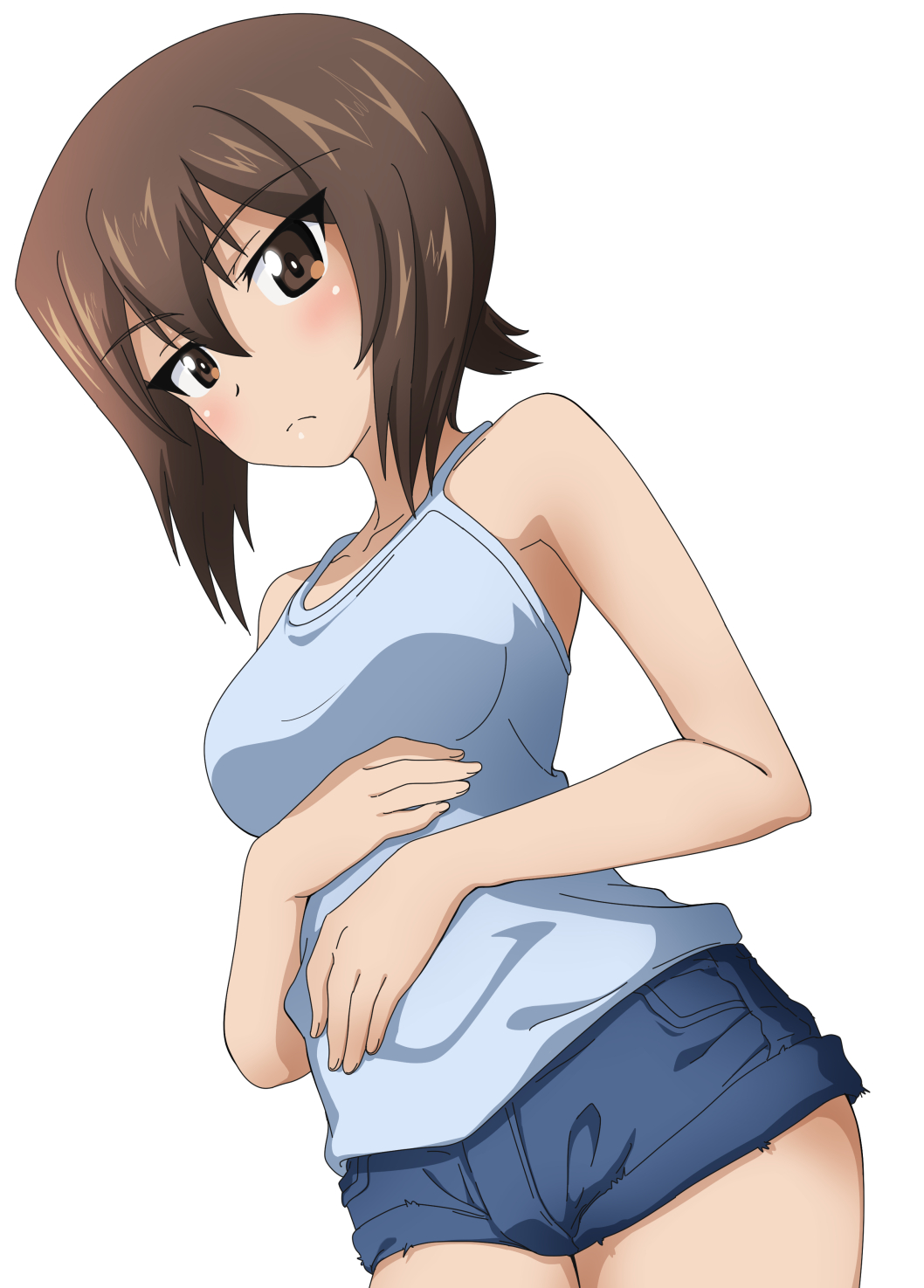 1girl bangs blue_shirt brown_eyes brown_hair camisole casual closed_mouth denim denim_shorts dutch_angle eyebrows_visible_through_hair frown girls_und_panzer hands_on_own_stomach highres kanau looking_at_viewer micro_shorts nishizumi_maho shirt short_hair shorts simple_background solo standing white_background