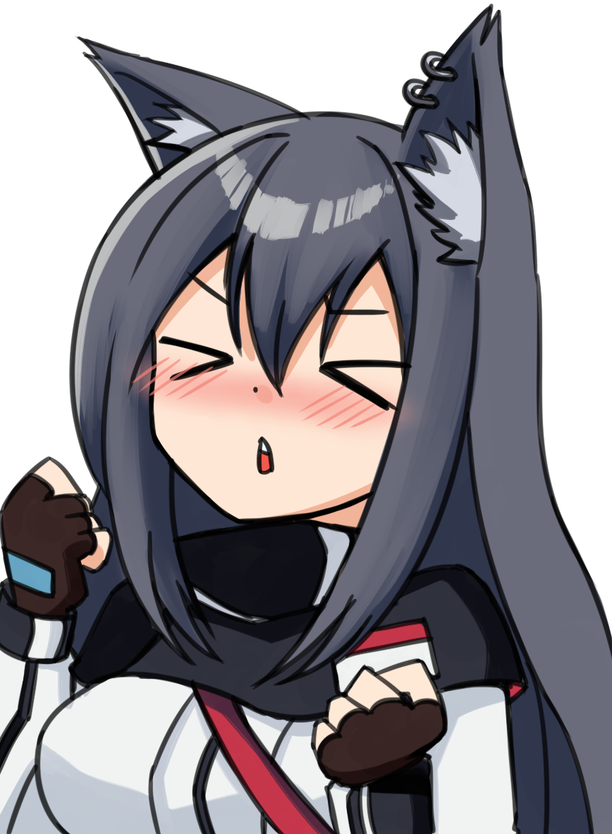 &gt;_&lt; 1girl animal_ear_fluff animal_ears arknights bangs black_hair blush breasts brown_gloves closed_eyes ear_piercing eyebrows_visible_through_hair fingerless_gloves gloves hair_between_eyes hands_up inubashiri_momiji jacket long_hair medium_breasts meme ndtwofives nose_blush parted_lips piercing simple_background solo texas_(arknights) touhou upper_body upper_teeth white_background white_jacket