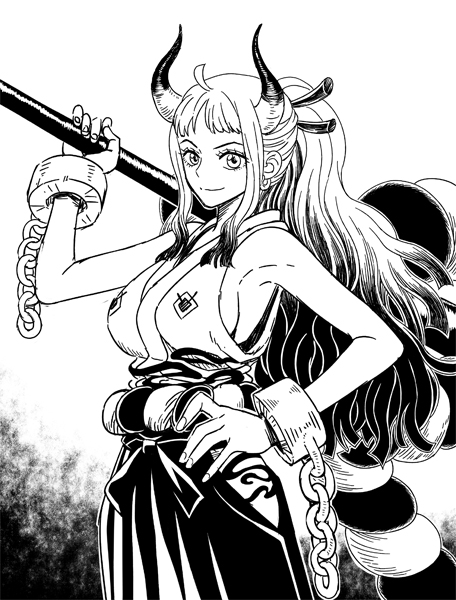 1girl cuffs horns long_hair monochrome one_piece oni shackles smile solo yamato_(one_piece)