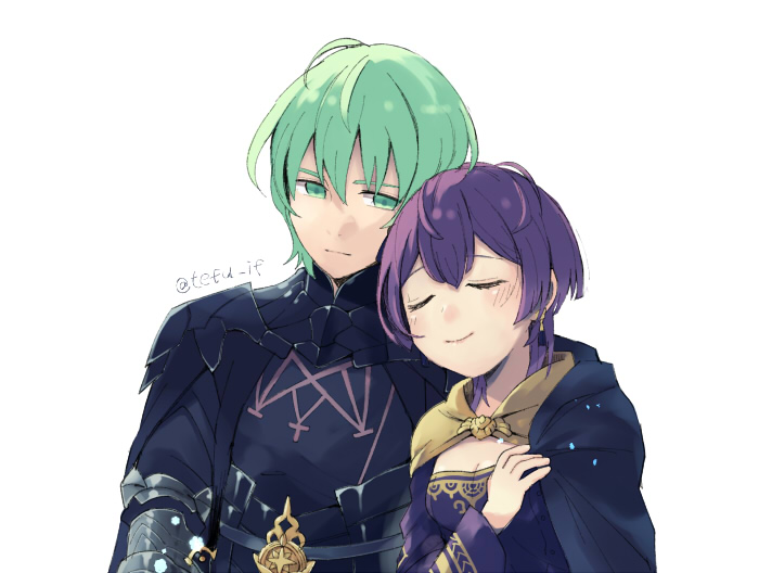 1boy 1girl armor bernadetta_von_varley byleth_(fire_emblem) byleth_eisner_(male) closed_eyes closed_mouth earrings fire_emblem fire_emblem:_three_houses green_eyes green_hair jewelry long_sleeves purple_hair short_hair simple_background smile tefutene twitter_username upper_body white_background