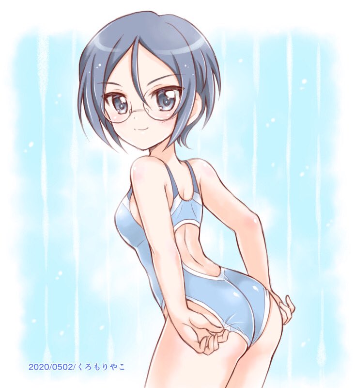 1girl adjusting_clothes adjusting_swimsuit artist_name ass back back_cutout bangs blue_background blue_swimsuit burafu closed_mouth commentary dated from_behind girls_und_panzer glasses grey_eyes grey_hair leaning_forward looking_at_viewer looking_back one-piece_swimsuit rimless_eyewear round_eyewear rumi_(girls_und_panzer) short_hair smile solo striped striped_background swept_bangs swimsuit vertical_stripes