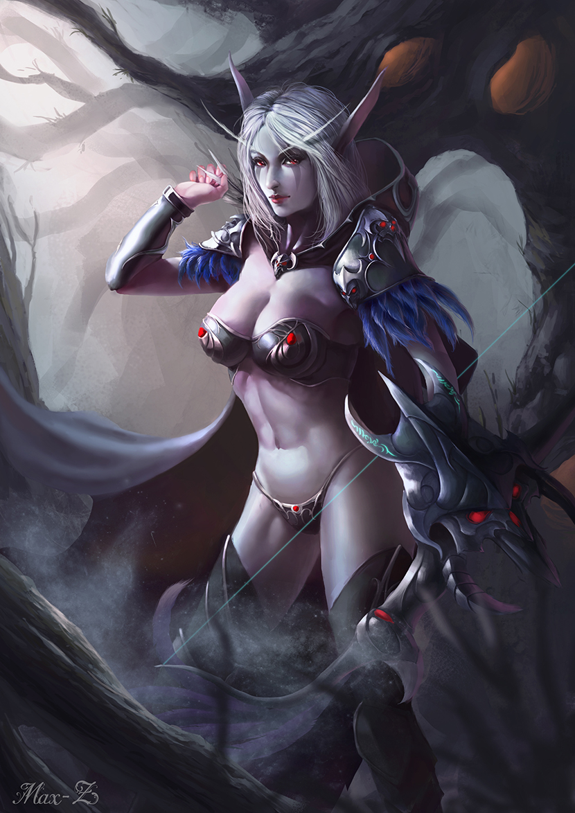 1girl arrow bow bow_(weapon) breasts cape cleavage gloves grey_hair large_breasts long_hair pointy_ears red_eyes smile solo sylvanas_windrunner toyzhung tree underwear warcraft weapon world_of_warcraft