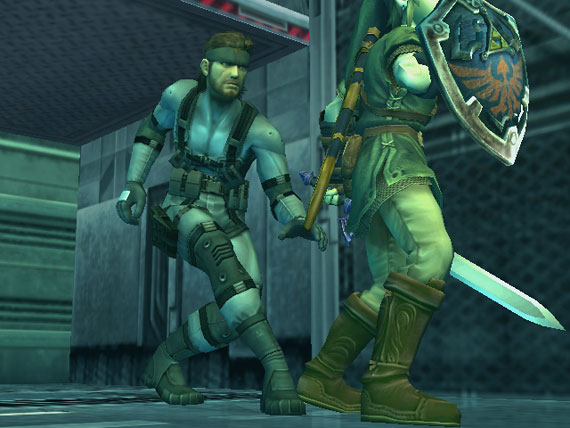 crossover elf jewelry link male master_sword metal_gear metal_gear_solid nintendo pointy_ears shield solid_snake super_smash_bros. sword the_legend_of_zelda weapon