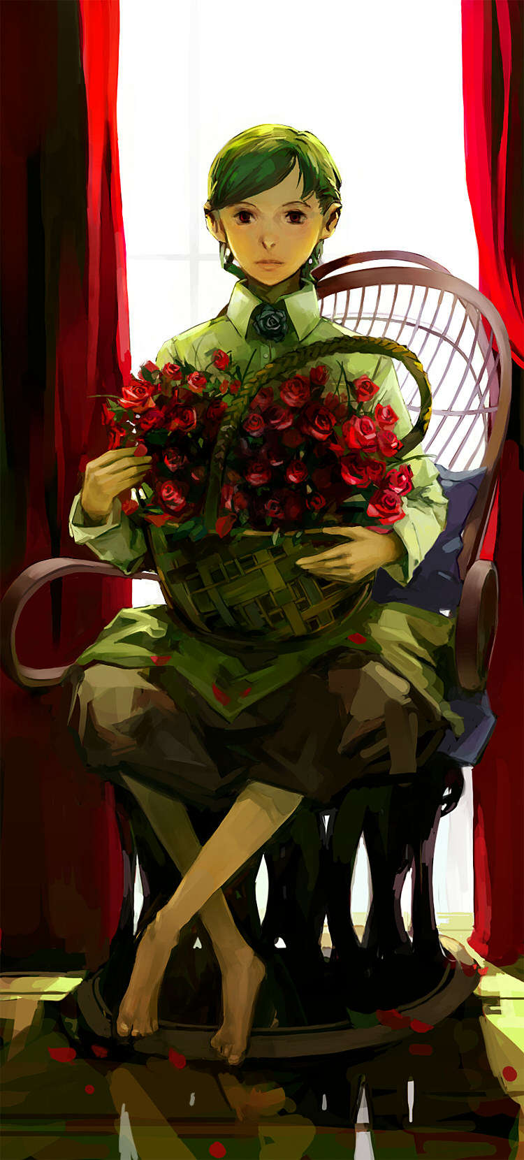 bouquet bouquets curtain curtains flower green_hair highres panamaman petals red_eyes rose roses sitting window