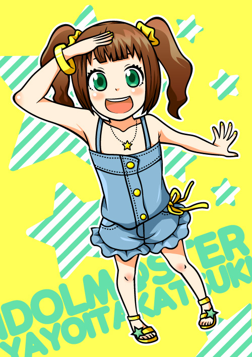 bad_id brown_hair flat_chest green_eyes happy hntk idolmaster opne_mouth solo takatsuki_yayoi twintails